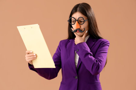 Young Asian businesswoman in funny disguise with clipboard on brown backgroundの写真素材