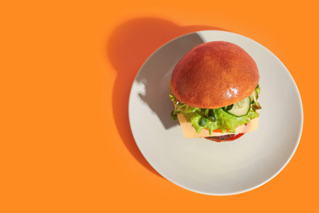 Plate with tasty burger on orange backgroundの写真素材