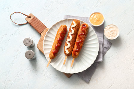 Plate with tasty corn dogs and bowl of sauces on light blue background