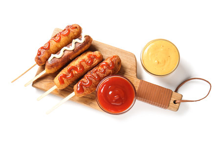 Wooden board with tasty corn dogs and different sauces on white backgroundの写真素材