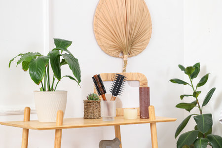 Holder with round hair brush and plants on shelf in bathroomの写真素材