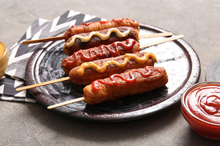 Plate of tasty corn dogs with different sauces on gray backgroundの写真素材