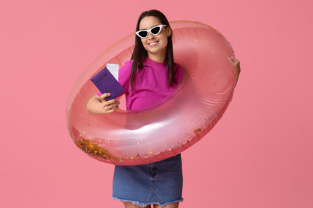 Young happy woman in sunglasses and inflatable ring with passport on pink background. Travel conceptの写真素材