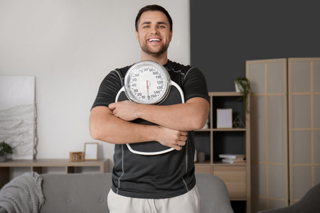 Sporty young man with scales at home. Weight loss conceptの写真素材