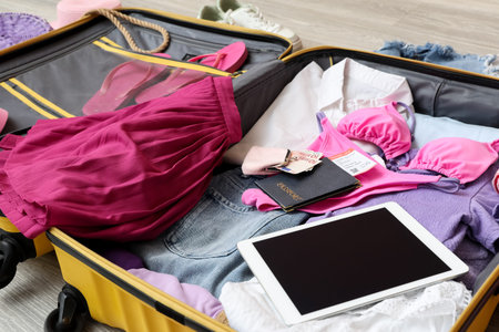 Open suitcase with female clothes, tablet computer and passport on floor. Travel concept