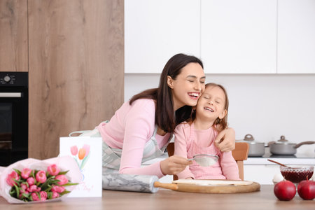 Happy mother with her cute little daughter in flour cooking at homeの写真素材