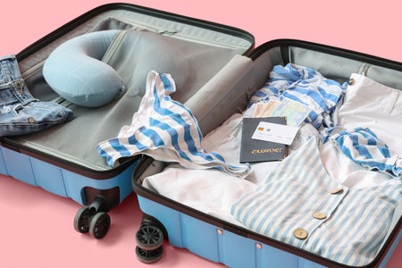 Open suitcase with female clothes, travel pillow and passport on pink backgroundの写真素材