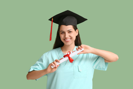 Happy female medical graduate with diploma on green backgroundの写真素材
