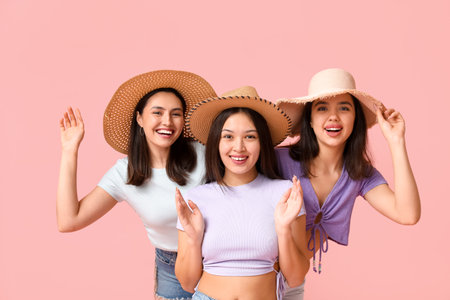 Beautiful young women in wicker hats on pink background. Summer partyの写真素材