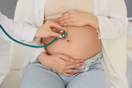 Female doctor with stethoscope examining pregnant woman on couch in clinic, closeupの写真素材