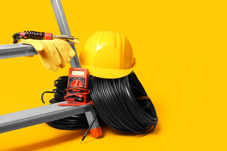 Stepladder with multimeter, fabric gloves, cables and hardhat on yellow backgroundの写真素材