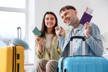 Couple of happy tourists with passports in hotel roomの写真素材