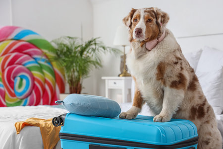 Cute Australian Shepherd dog with suitcase in bedroom. Travel conceptの写真素材