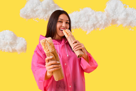 Young Asian woman in raincoat with doner kebabs and clouds on yellow backgroundの写真素材