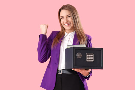 Beautiful young happy woman with safe box and money on pink backgroundの写真素材