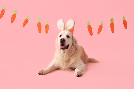 Cute Labrador dog in bunny ears and paper carrots on pink background. Easter celebration