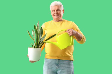 Mature man watering plant on green backgroundの写真素材