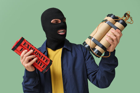 Handsome young happy man in balaclava with bombs on green backgroundの写真素材