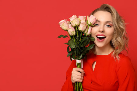 Happy young woman with bouquet of beautiful roses on red backgroundの写真素材