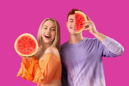 Young beautiful man and woman with slices of fresh watermelon on purple backgroundの写真素材