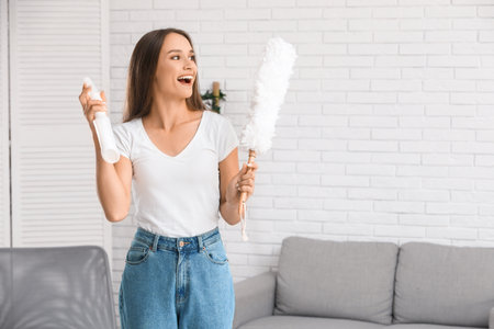 Cheerful young woman with pp-duster and bottle of detergent in living roomの写真素材