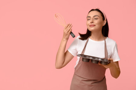 Portrait of beautiful young housewife in apron with baking form and whiskey on pink backgroundの写真素材