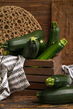 Box with many fresh zucchini on brown wooden backgroundの写真素材
