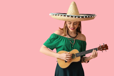 Young woman in sombrero hat playing guitar on pink background. Mexico's Day of the Dead (El Dia de Muertos) celebrationの写真素材