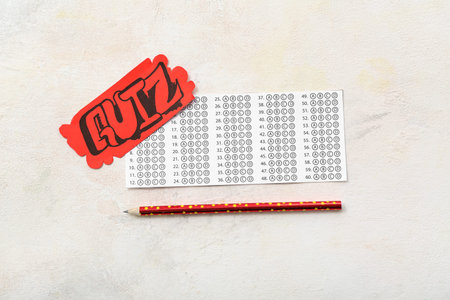 Quiz form with card and pencil on grunge white background