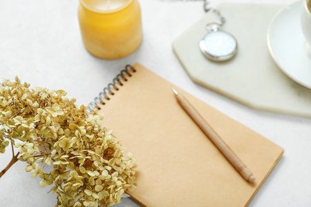 Notebook with dried flower twig, pen and compass on white grunge backgroundの写真素材