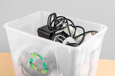 Recycle bin with different household appliances on color background