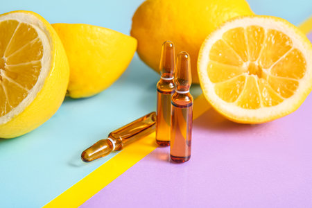 Ampoules with vitamin C and lemon on colorful background, closeupの写真素材