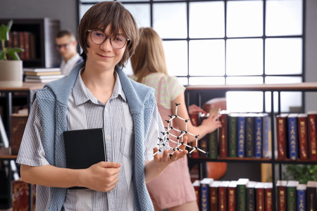 Male student with book and molecular model in library