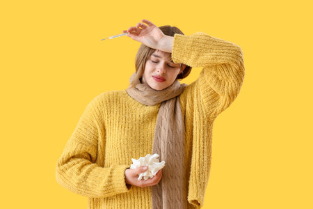 Ill teenage girl with thermometer and tissues on yellow backgroundの写真素材