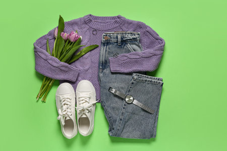 Lilac sweater with jeans, shoes, accessories and tulip flowers on green backgroundの写真素材