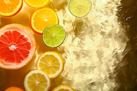 Different citrus fruit slices in water on yellow backgroundの写真素材