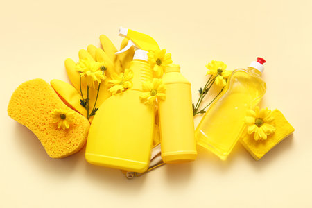 Set of cleaning supplies and spring flowers on beige backgroundの写真素材