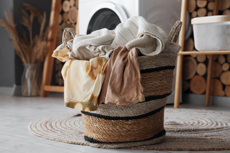 Full basket laundry on rug in roomの写真素材