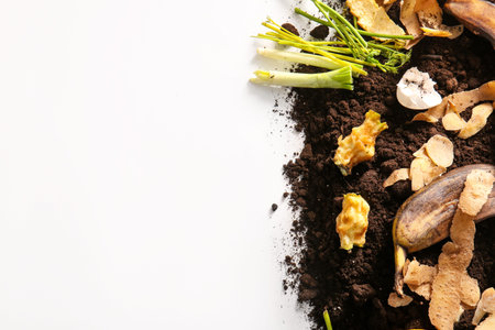 Organic waste and soil on white background. Compost recycling conceptの写真素材