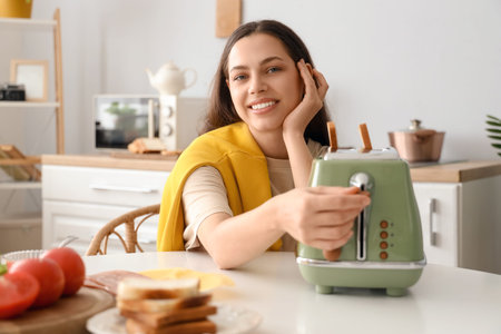 Young beautiful happy woman making tasty toasts in kitchen