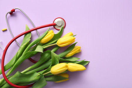 Yellow tulips with stethoscope on lilac background. International Nurses Dayの写真素材