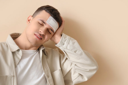 Young man with brain concussion and medical patch on beige background, closeupの写真素材