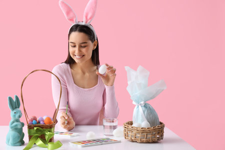 Young woman in bunny ears with basket of Easter eggs and paints at table on pink background