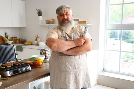 Mature man with cooked tasty sausages and vegetables on modern electric grill at table in kitchenの写真素材