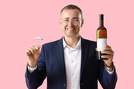 Mature man with bottle of wine and opener on pink backgroundの写真素材