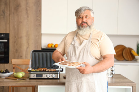Mature man with plate of cooked tasty sausages on modern electric grill at table in kitchenの写真素材