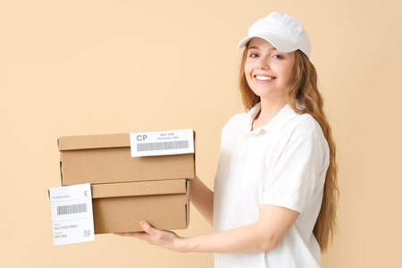 Female courier with parcels on beige backgroundの写真素材