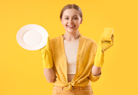 Young woman with plate and sponge on yellow backgroundの写真素材