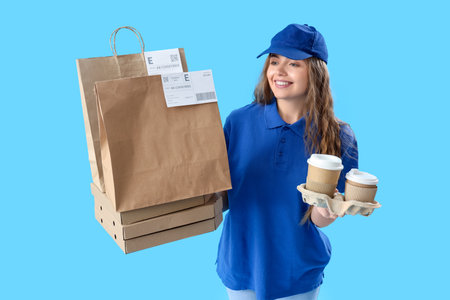 Female courier with food and drinks on blue backgroundの写真素材
