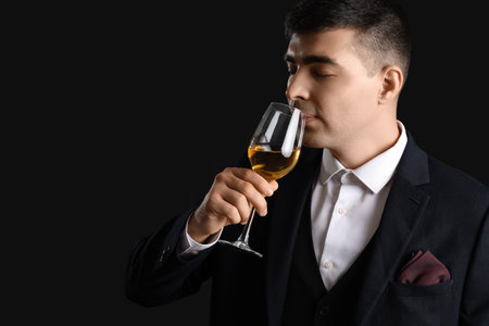 Young sommelier with glass of wine on black background, closeupの写真素材